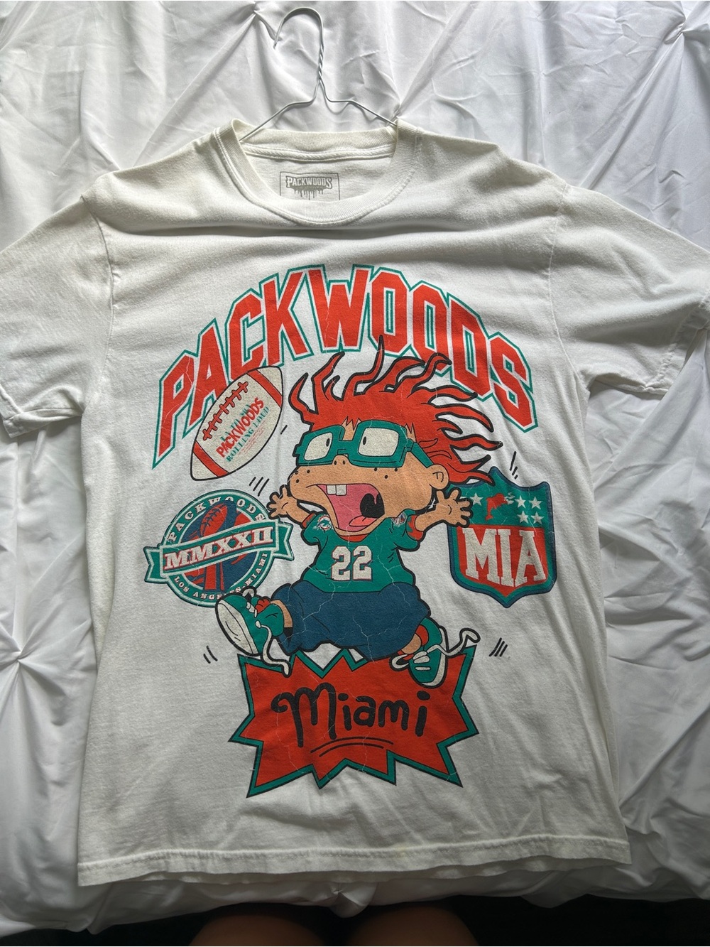 Miami Packwoods Collectors Football Graphic Tee - White with Teal Orange Tshirt